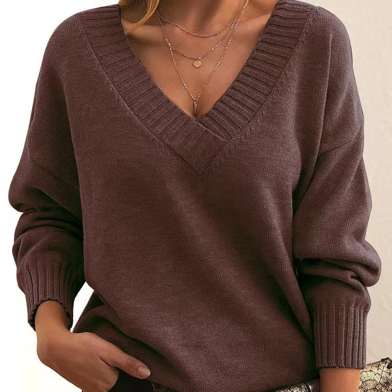 Solid V-neck Sweater Fashion Loose Long-sleeved Knitted Tops Autumn And Winter Women's Clothing