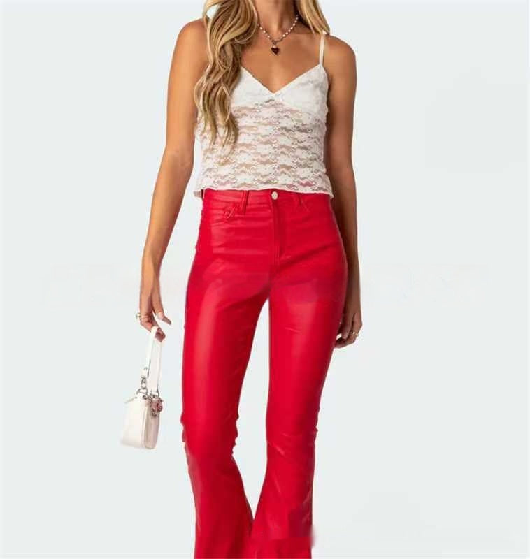 Women's Fashion Denim Leather Bell-bottom Pants