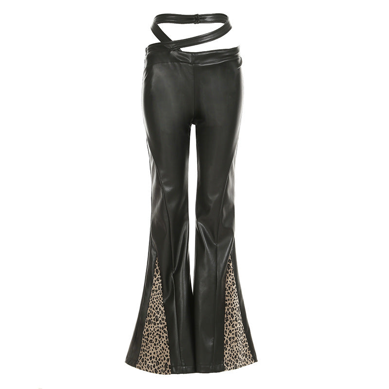 Lace Stitching Leather Bell-bottom Pants