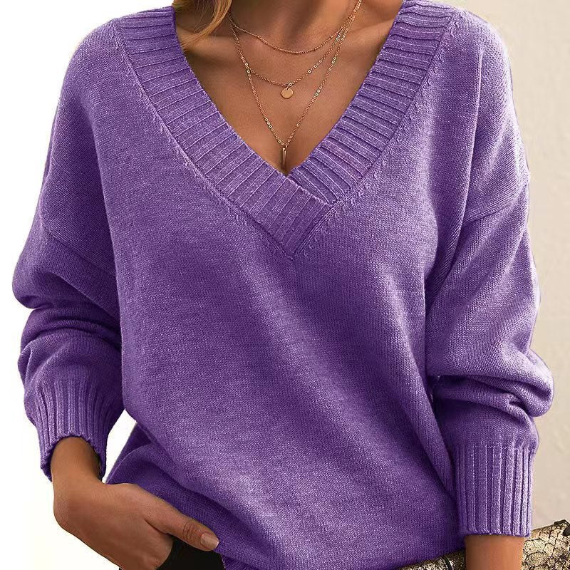 Solid V-neck Sweater Fashion Loose Long-sleeved Knitted Tops Autumn And Winter Women's Clothing