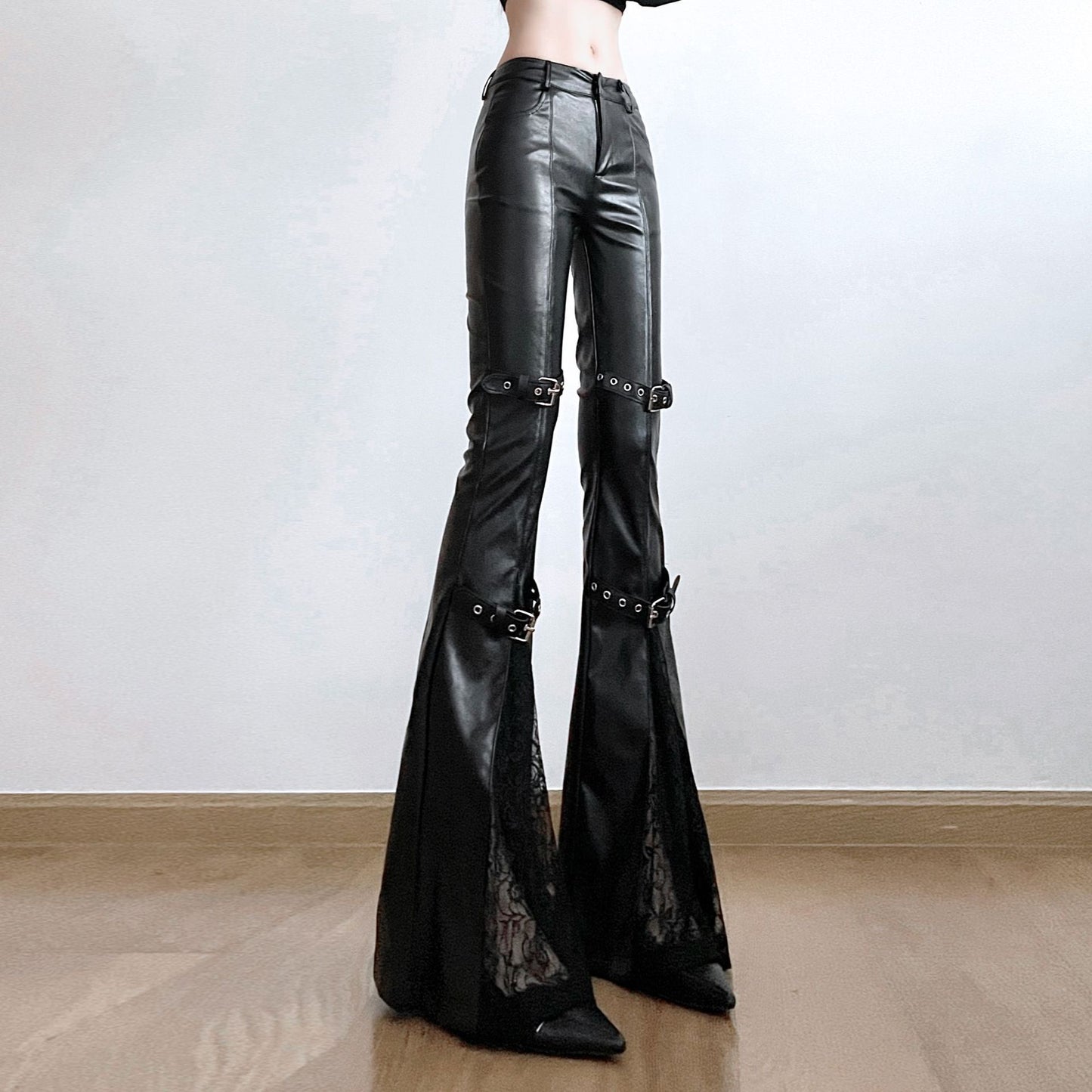 Lace Stitching Leather Bell-bottom Pants