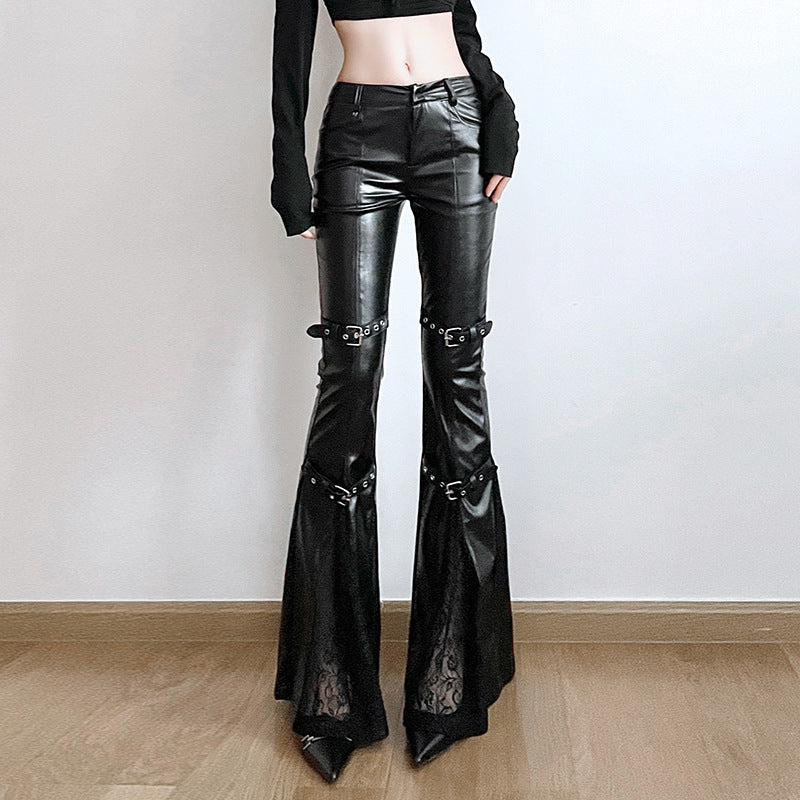 Lace Stitching Leather Bell-bottom Pants