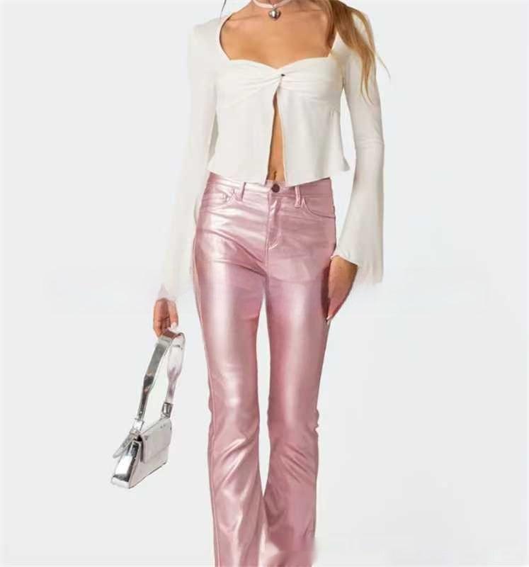 Women's Fashion Denim Leather Bell-bottom Pants