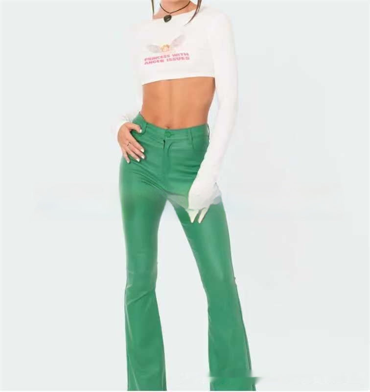 Women's Fashion Denim Leather Bell-bottom Pants