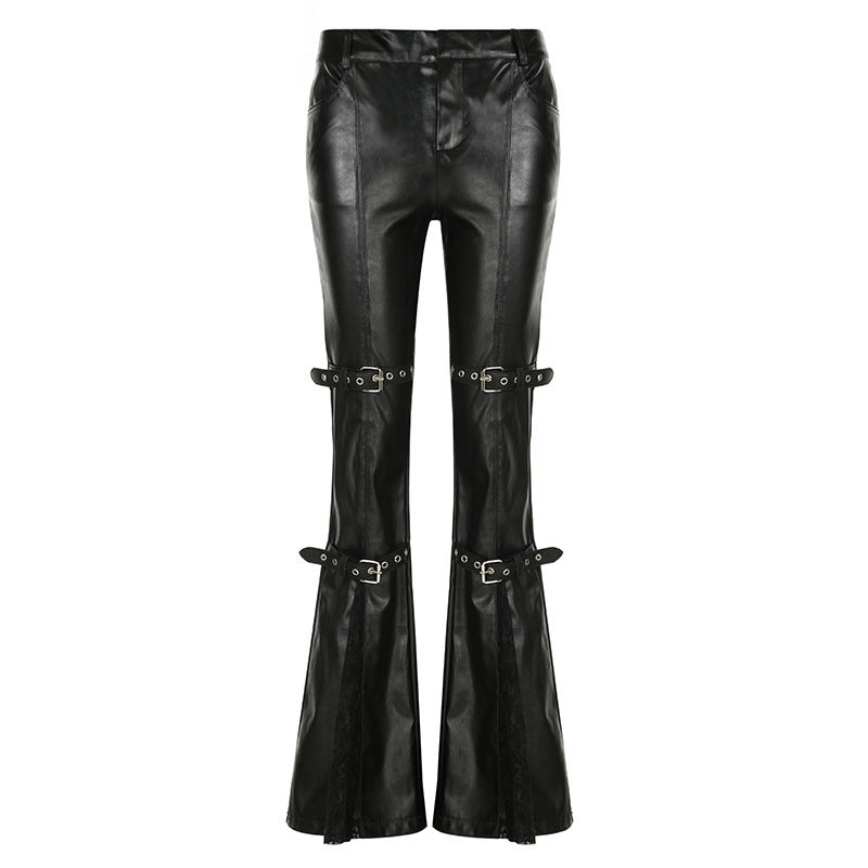 Lace Stitching Leather Bell-bottom Pants