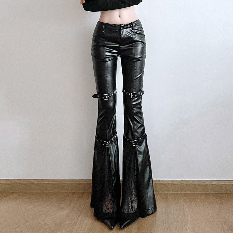 Lace Stitching Leather Bell-bottom Pants